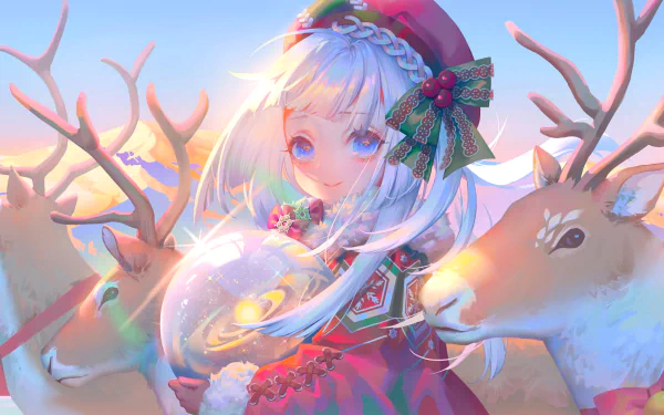 HD anime Christmas wallpaper featuring a girl with white hair, festive outfit, and a beer glass, surrounded by reindeer in a warm winter sunset scene.
