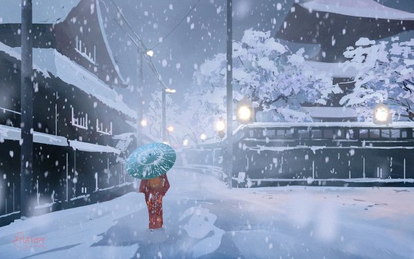 Anime Girl Snow Umbrella Night Winter HD Wallpaper | Background Image