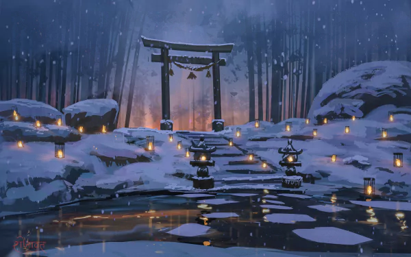 HD desktop wallpaper of an anime-style shrine with a torii gate, surrounded by snow-covered bamboo, lanterns, and a reflective pond under a snowy night sky.