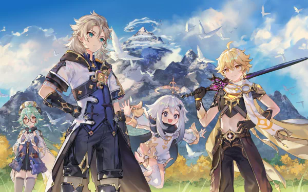 HD desktop wallpaper from Genshin Impact featuring Aether, Albedo, Sucrose, and Paimon set against the scenic backdrop of Dragonspine.