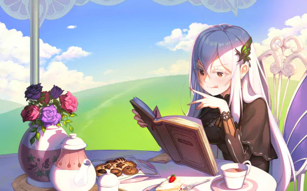 HD desktop wallpaper featuring Echidna from Re:Zero - Starting Life in Another World. The anime character reads a book at an outdoor table with tea, cookies, and a scenic background.