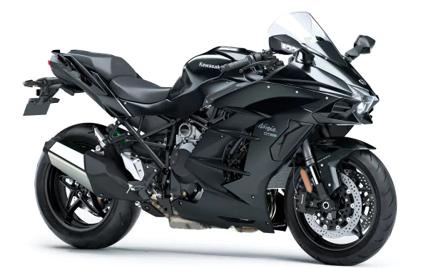 Black Kawasaki Ninja H2 SX sport motorcycle on white backdrop — 4K Ultra HD PC desktop wallpaper and background.
