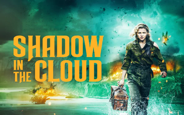 Shadow in the Cloud movie 4K Ultra HD PC desktop wallpaper — woman in a flight jacket wading through water with a bag as explosions and a stormy sky erupt behind her.