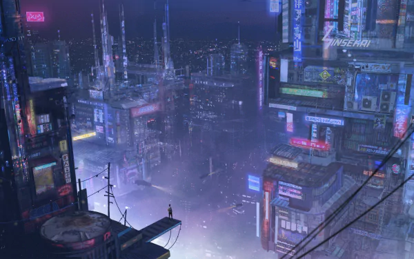 Futuristic cyberpunk cityscape at night with glowing neon signs and towering skyscrapers, rendered in high-definition for a PC desktop wallpaper.