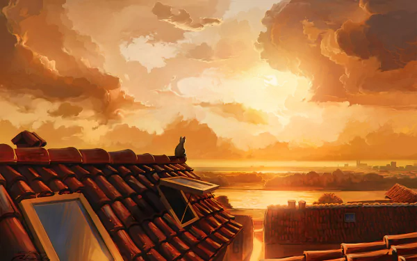 Anime-style sunset with a cat sitting on a rooftop, featuring a vibrant sky with dramatic clouds. The HD desktop wallpaper and background captures a warm, serene end-of-day atmosphere.