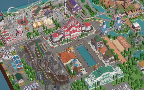 HD Parkitect game wallpaper featuring a vibrant aerial view of a detailed theme park with various attractions.