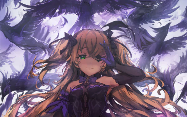 Fischl from Genshin Impact with blonde hair, green eyes, and an eye patch stands confidently amid dark, swirling shadows in this 4K Ultra HD video game wallpaper.