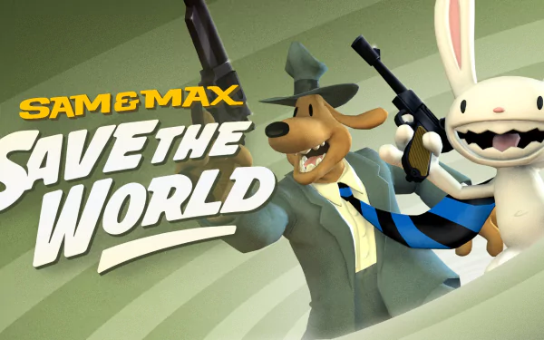 HD desktop wallpaper of Sam & Max Save the World featuring the animated characters Sam the dog and Max the rabbit in action poses.
