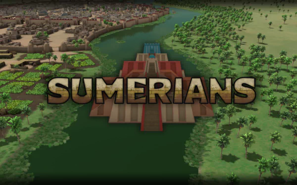 HD desktop wallpaper depicting a stylized ancient Sumerian city with the word SUMERIANS prominently featured.
