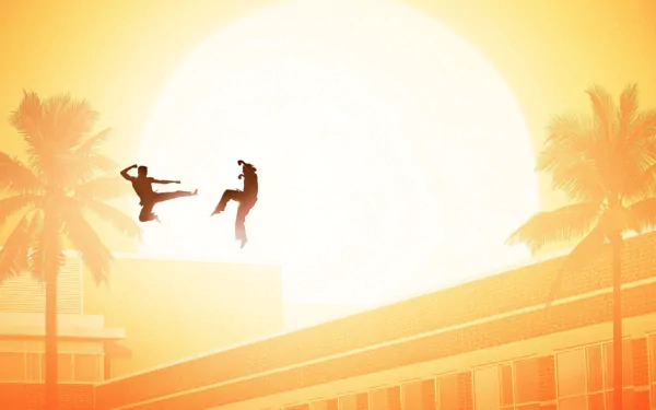 HD Cobra Kai wallpaper featuring silhouettes of martial artists mid-jump against a sunset backdrop with palm trees.