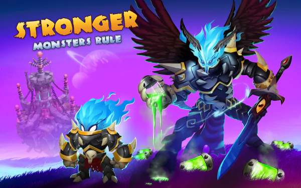 HD wallpaper of Monster Legends featuring powerful creatures with the slogan Stronger Monsters Rule against a vibrant purple background.