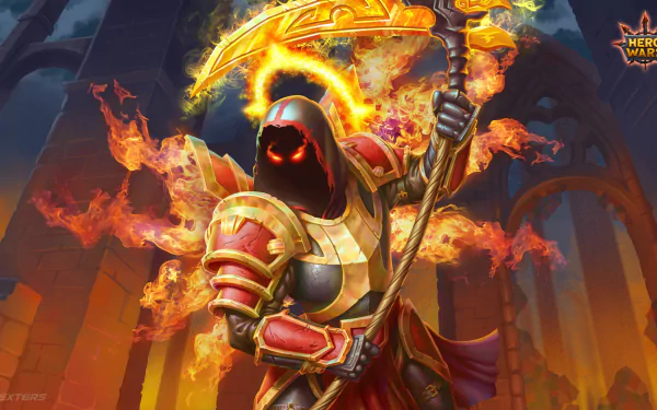 HD wallpaper of a Hero Wars character wielding a fiery sword, set against a grand cathedral backdrop.