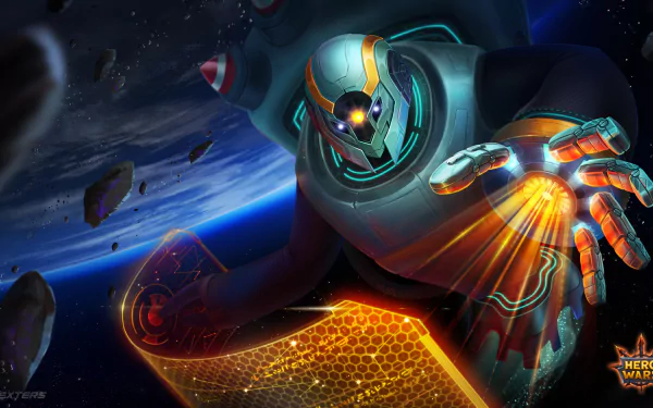 HD Hero Wars desktop wallpaper featuring a vibrant, armored character in a dynamic space setting.