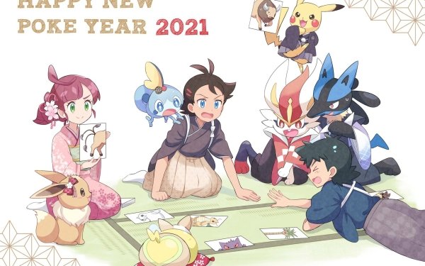 Anime Pokémon Ash Ketchum Goh Chloe Pikachu Cinderace Sobble New Year 2021 Eevee Lucario Yamper Kimono Two-Toned Hair Green Eyes Blue Eyes HD Wallpaper | Background Image