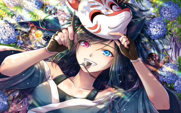 Anime girl with heterochromia, one blue eye and one pink eye, holding a fox mask amid vibrant flowers in a detailed HD desktop wallpaper background.