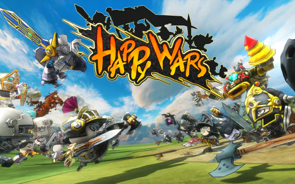 HD desktop wallpaper featuring the vibrant and whimsical chaos of the video game Happy Wars with its title boldly displayed.