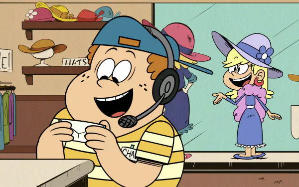 HD wallpaper of The Loud House featuring a happy boy with a headset and a girl in a purple dress and hat in the background.