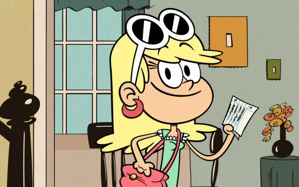 HD desktop wallpaper from 'The Loud House' featuring a character standing indoors with sunglasses and a handbag, holding a paper.