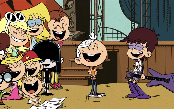 HD desktop wallpaper of The Loud House featuring Luna Loud with her guitar and Lincoln Loud with other siblings in the background.