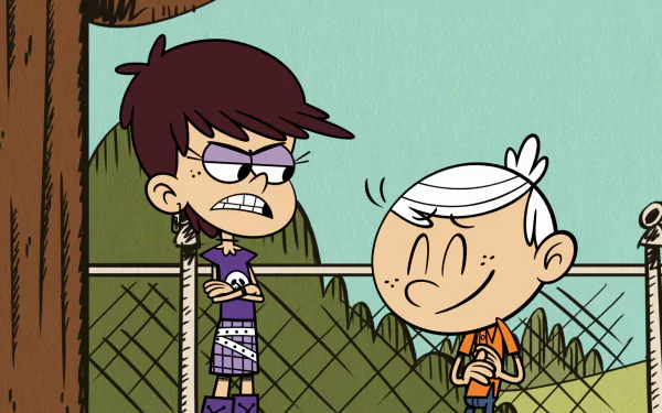 HD desktop wallpaper from The Loud House showing two animated characters, one annoyed and one smiling, against a fence background.