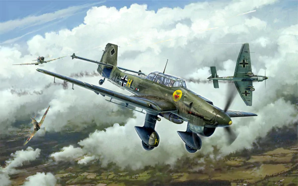 HD desktop wallpaper depicting a Junkers Ju 87 bomber warplane flying in formation amidst clouds during a military air operation.