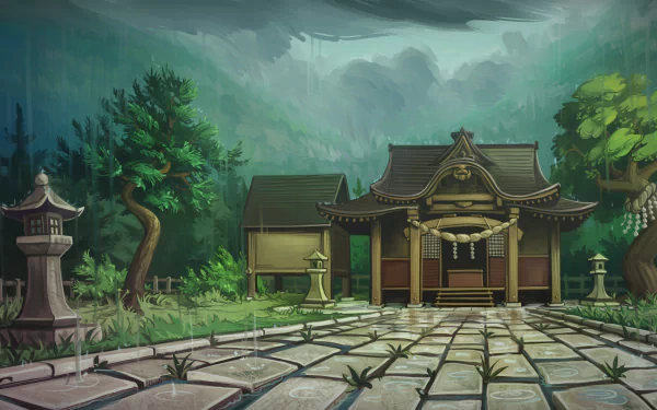 Anime-style 4K Ultra HD Touhou scenery depicting a serene shrine surrounded by lush greenery and misty mountains, designed as a PC desktop wallpaper.