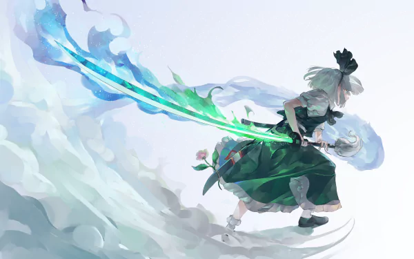 HD PC wallpaper featuring Youmu Konpaku from Touhou, wielding a glowing, ethereal sword with dynamic blue and green energy trails in an anime art style.