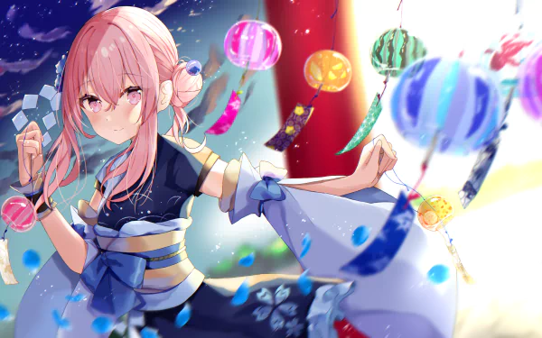 Anime girl with pink hair and eyes wears a traditional Japanese kimono, surrounded by colorful floating lanterns in a vibrant 4K Ultra HD desktop wallpaper.