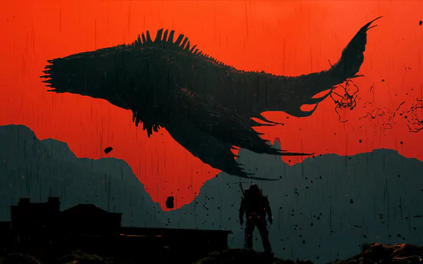 4K Ultra HD Death Stranding PC wallpaper featuring a lone figure facing a massive, shadowy sea creature against a vivid red and black backdrop.