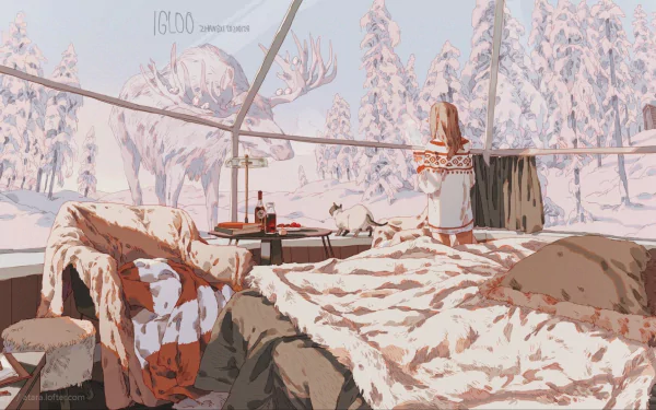 Anime-style winter scene showing a cozy interior with fur blankets, a table set with drinks, and snowy trees visible through transparent walls, designed as an HD PC desktop wallpaper.