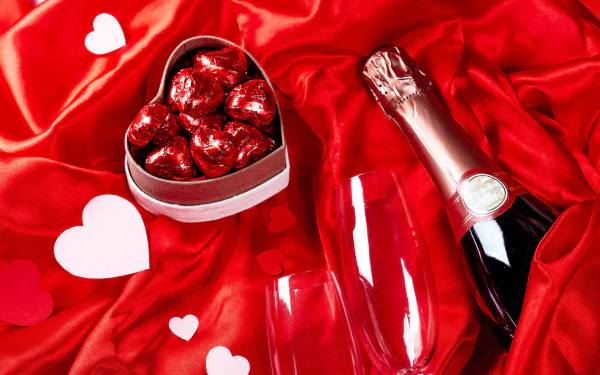 Romantic love champagne heart glasses bottle box holiday Valentine's Day HD Desktop Wallpaper | Background Image