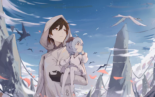 HD wallpaper of Zhongli and Ganyu from Genshin Impact, featuring Zhongli with short hair holding a small girl against a serene, mountainous background under a vibrant sky with flying birds.
