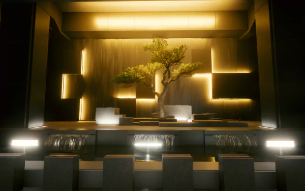 Night City scene from Cyberpunk 2077 featuring a futuristic interior with warm lighting, a central tree, and sleek geometric design in 4K Ultra HD quality.
