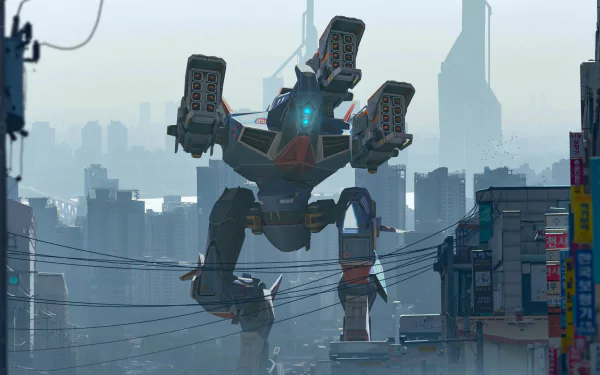 HD wallpaper of a war robot striding through a futuristic cityscape, suitable as a desktop background.