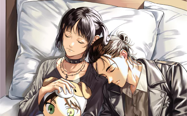 HD anime desktop wallpaper featuring Attack on Titan characters Mikasa Ackerman and Eren Yeager resting closely together.