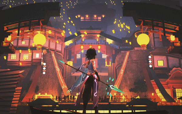 4K Ultra HD PC desktop wallpaper featuring Xiao from Genshin Impact standing in a vibrant, lantern-lit village at night in this video game scene.