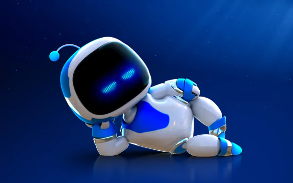 HD desktop wallpaper featuring the character from Astro Bot Rescue Mission, sitting against a cosmic blue background.