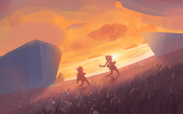 HD PC desktop wallpaper featuring Genshin Impact characters Qiqi and Klee walking through a glowing, mountainous landscape at sunset.