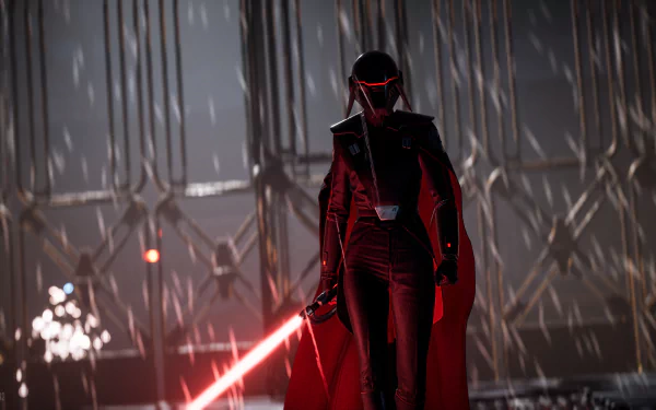 Masked dark figure in a red cloak ignites a red lightsaber in a shadowy industrial chamber — cinematic Star Wars video game scene (Jedi: Fallen Order) 4K Ultra HD PC desktop wallpaper/background.