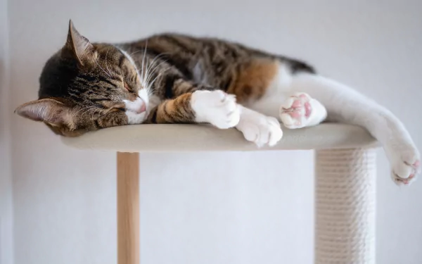 A sleeping cat rests peacefully on a beige cat tree, captured in stunning 4K Ultra HD for a clear PC desktop wallpaper and background.