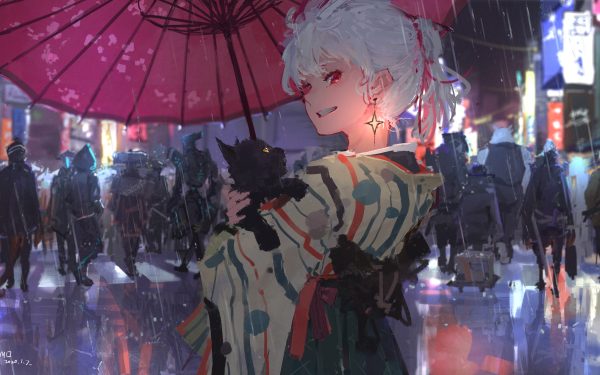 Anime Girl Umbrella Kimono Cat HD Wallpaper | Background Image