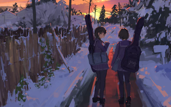 Anime-style winter scene of two friends with guitar bags walking on a snowy path at sunset, creating a warm HD desktop wallpaper background.