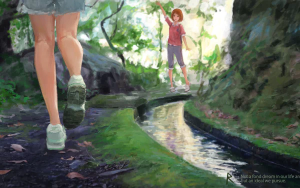 Anime-style HD desktop wallpaper showing two friends hiking along a forest path beside a narrow stream, surrounded by lush greenery and sunlight filtering through trees.