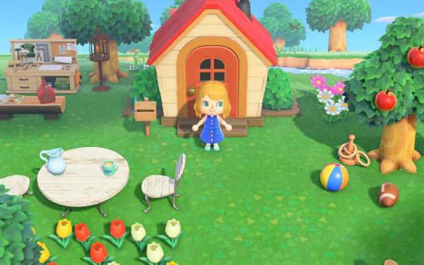 HD desktop wallpaper of Animal Crossing: New Horizons featuring a character outside a cozy house with trees and flowers.
