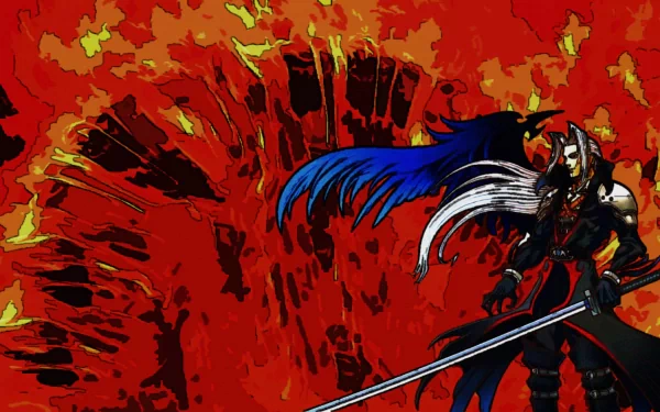 HD PC desktop wallpaper featuring Sephiroth from Final Fantasy, depicted with his iconic long sword against a fiery red background, linked to the Kingdom Hearts universe.