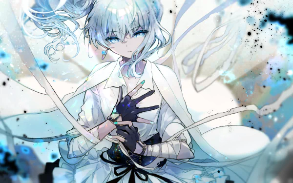 HD anime desktop wallpaper featuring Hoshimachi Suisei from Hololive with aqua hair and aqua eyes in a dynamic, ethereal pose.