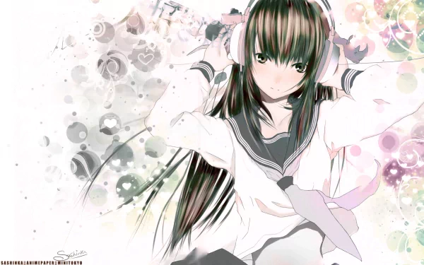 A vibrant anime character wearing headphones, set against a colorful, abstract background. This HD PC wallpaper adds a stylish touch to any desktop.