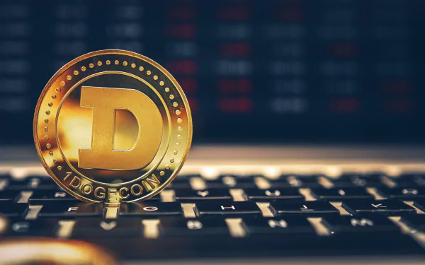 HD desktop wallpaper featuring a golden Dogecoin on a computer keyboard, symbolizing cryptocurrency.