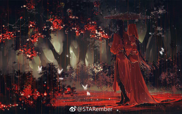 HD anime wallpaper featuring Xie Lian, San Lang, and Hua Cheng from Heaven Official's Blessing and Crimson Rain Sought Flower, with a dark, rainy forest and red blossoms.