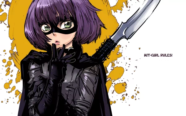 A vibrant HD wallpaper featuring Hit-Girl from the movie Kick-Ass, showcasing her signature mask and weapon. The playful text HIT-GIRL RULES! adds to the dynamic design.